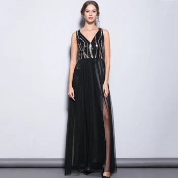 

Sexy BLACK Sleeveless Formal Evening Dress Sequins Mesh Split Long A Line Elegant Banquet Party Gowns V Neck Robe De Soiree