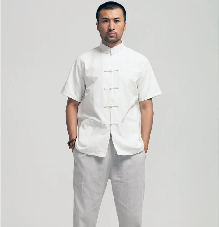 White Chinese kung fu shirt Short Sleeve Cotton classical Men tang tops