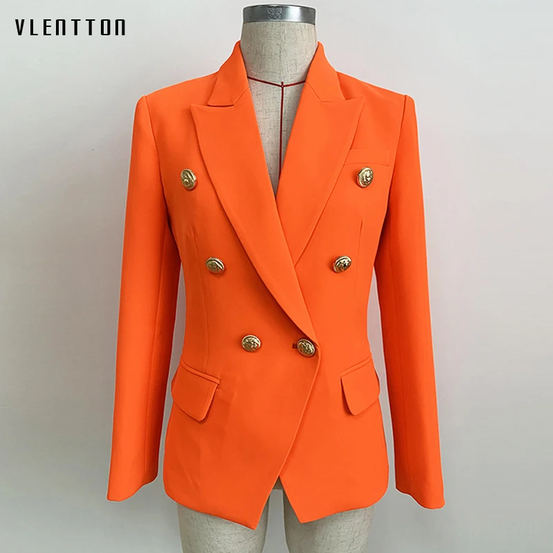 High quality Newest 2019 Designer Jacket Blazer Women's Solid Lion Buttons Double Breasted Office Lady Blazers Coat Neon Orange