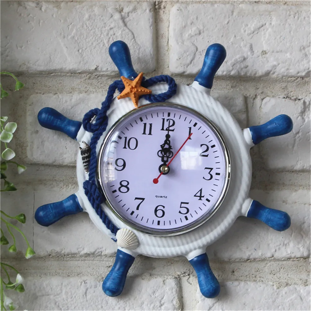 Круглый Фотофон в ретро стиле с изображением деревянного в средиземноморском Стиль руль, якорь Saat иглы настенные часы для дома часы настенные украшения - Цвет: Синий