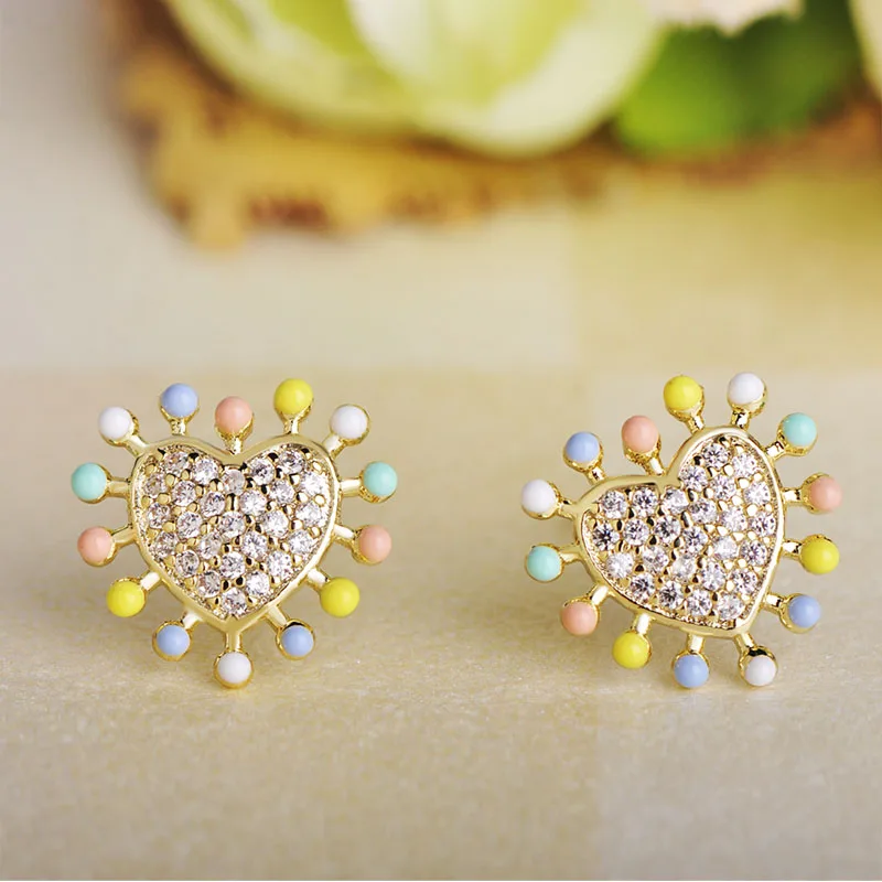 Dazz Newest Lovely Heart Shape Stud Earrings Full Zircon Colorful Enamel Jewelry For Women Party Daily Small Unique Ear Ornament | Украшения
