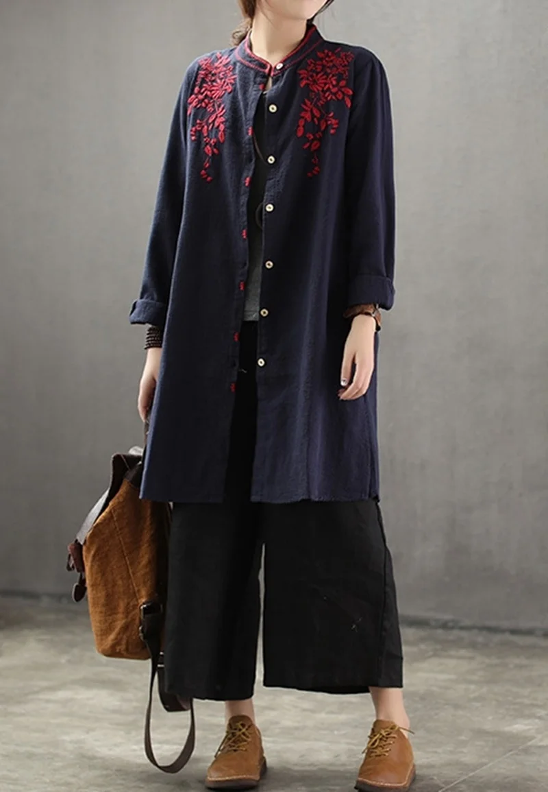 Традиционная китайская рубашка женская одежда осенний длинный плащ с вышивкой Harajuku винтажный Дамский китайский топ TA1641