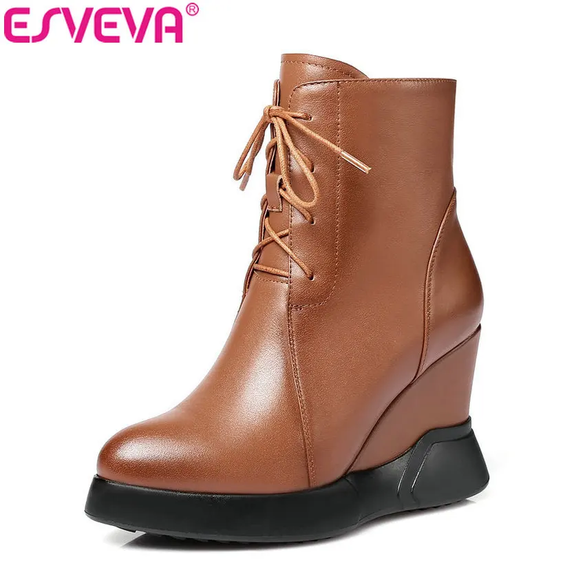 

ESVEVA 2019 Women Boots Platform Western Style Autumn Shoes Zipper Ankle Boots Pointed Toe Wedges High Heels Woman Shoes 34-42