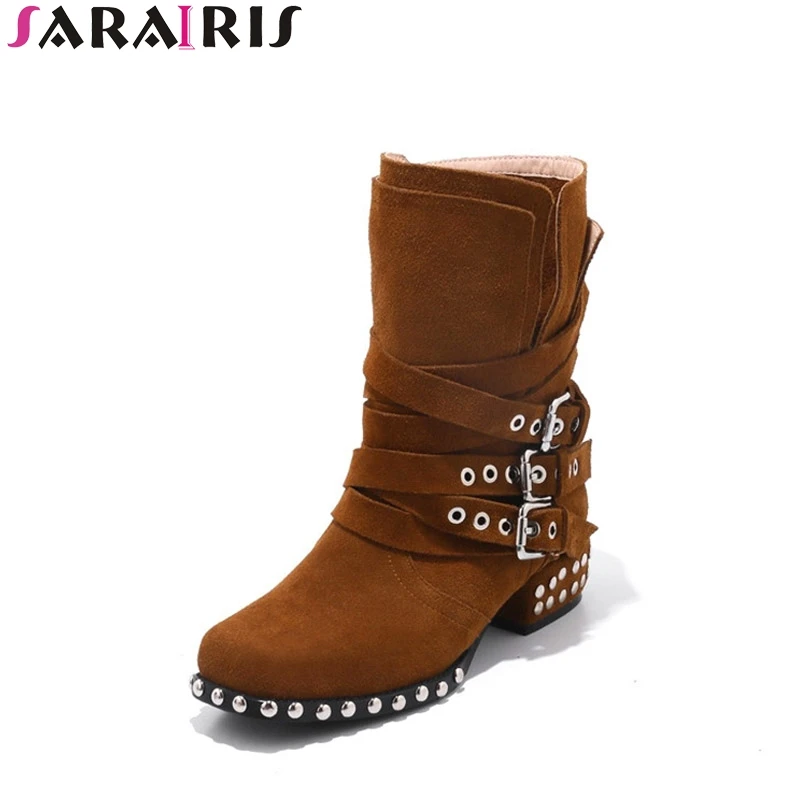 

SARAIRIS 2019 Spring Autumn Brand Natural Cow Suede Ankle Boots Buckle Strap Shoes Woman Plus Size 32-48 Leather Insole Shoe