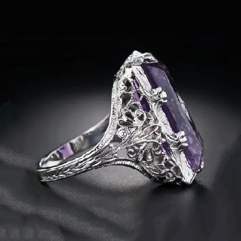 Женские винтажные кольцо из стерлингового серебра 925 фиолетовые большие Австрийские хрустальные кольца квадратной формы с цирконом камень женские модные ювелирные изделия подарок