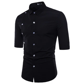 

Men's Shirts 2018 Summer New Arrival British style Casual Elbow sleeve Solid Male Business Double-breasted Slim Fit Shirt
