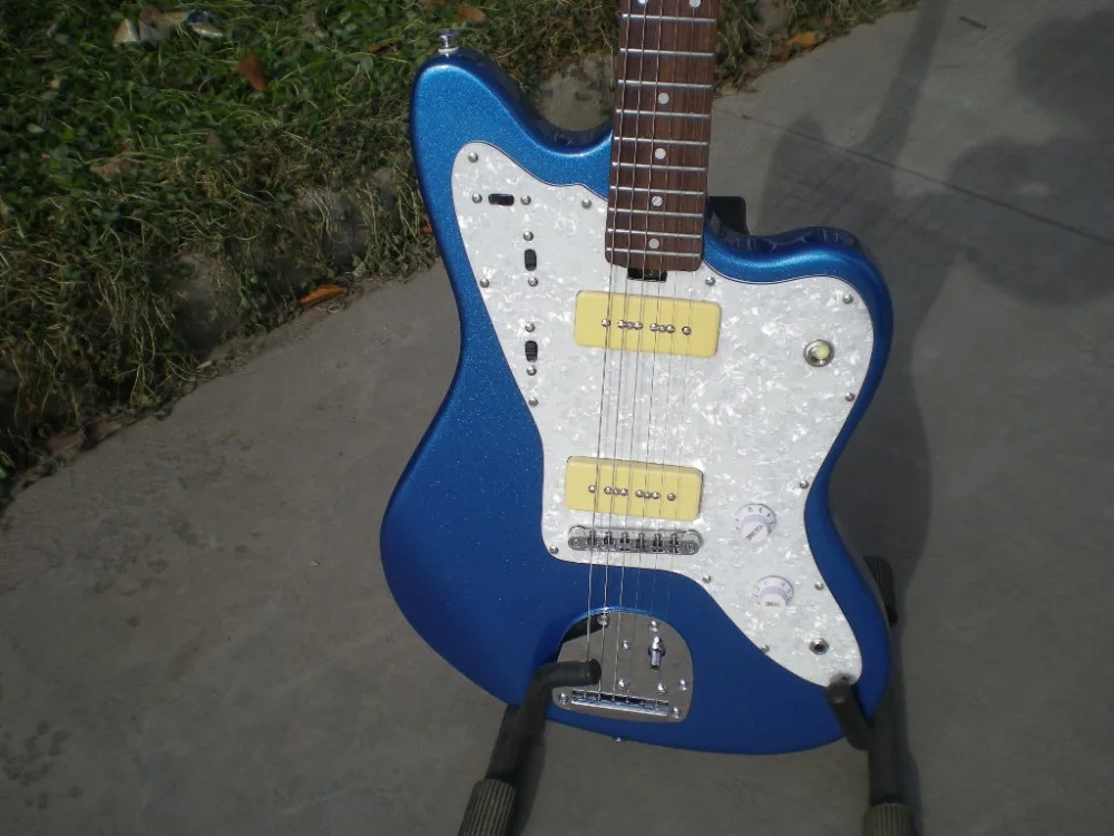 

electric guitar, blue metal paint, P90 double pickups, multistage tone conversion, to meet yo