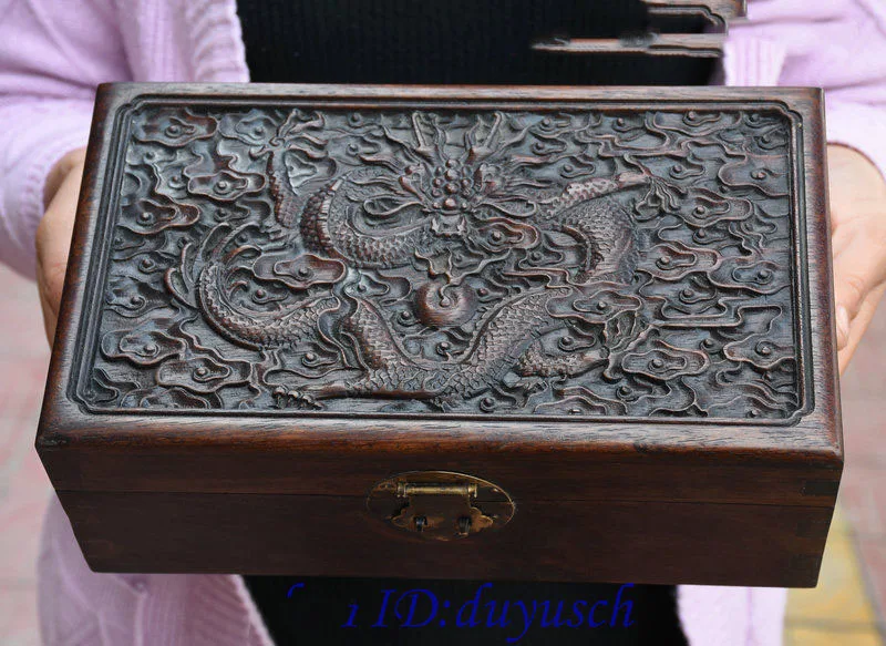 

Christmas 10" Chinese HuangHuaLi Wood Hand Carved Flying Dragon Statue Jewel case Box Halloween