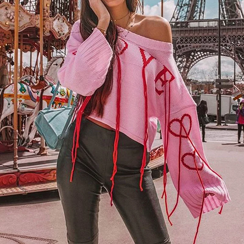 

Women Loose Tassels Knitted Pullover Sweater LOVE Letters Heart Pattern Long Sleeve O Neck Dropped Shoulder Knit Top Winter 2019