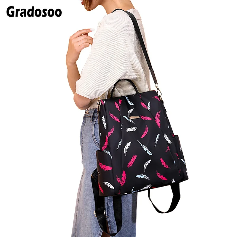 

Gradosoo Plumage Pattern Women Backpack Anti-theft Backpack Female New Backpack Schoolbag For Girls Multifunction Handbag LBF597