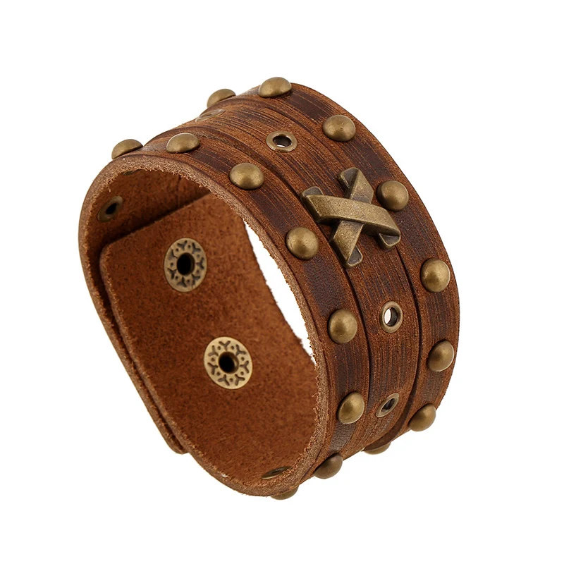 

2017 New Brown Retro Metal Leather Bracelets Cowhide Wide Punk Rock Style Letter "X' Charm Bracelet For Women Men Jewelry