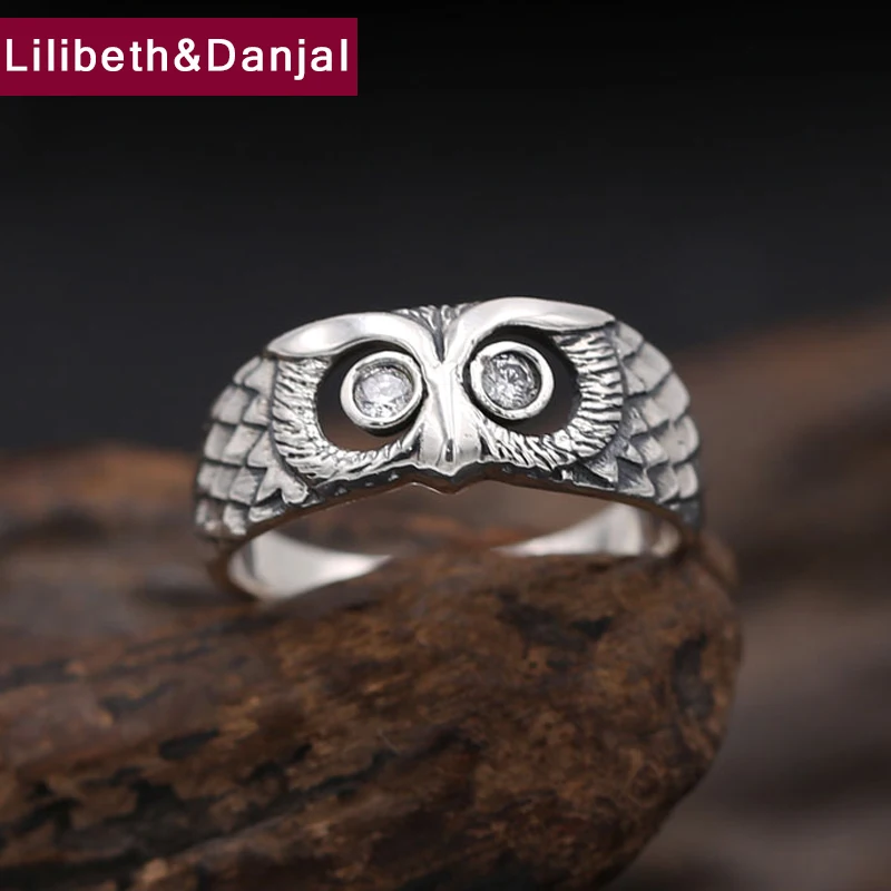 Everbling Lovely Cute Owl 925 Sterling Silver Ring Black CZ 