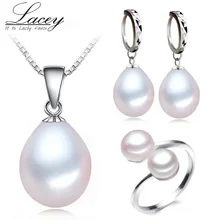 De agua dulce verdadera perla sistemas de la joyería de las mujeres, sistemas de la joyería 925 de plata de la madre de perlas naturales colgante anillo del pendiente del partido de calidad superior
