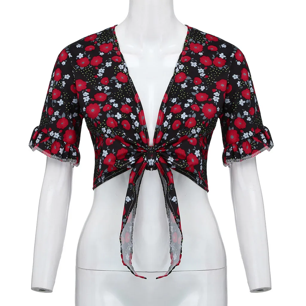 Винтажная летняя модная женская футболка, сексуальный короткий топ с бабочкой и рукавом, цветочный принт, короткий укороченный Повседневный Топ, сорочка, femme koszulki