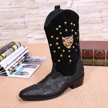 Neue Herbst Winter Echtem Leder Männer Stiefel Niet Motorradstiefel Schwarz Männer Mittlere Waden Stiefel Cowboy Kleid Schuhe Partei Schuhe
