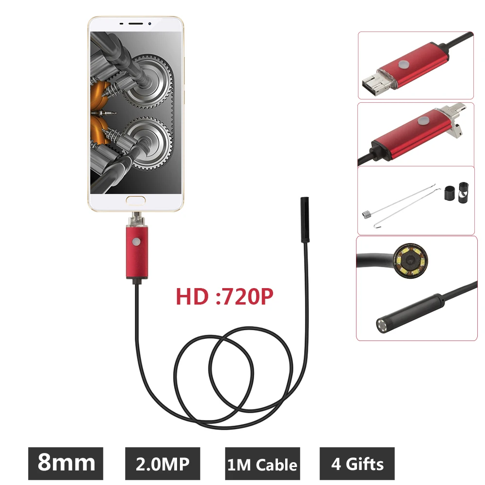  Android Phone Micro USB Endoscope Camera 8mm Lens 6 LED Portable OTG USB Endoscope 10M USB Android Phone Borescope 1M Cable