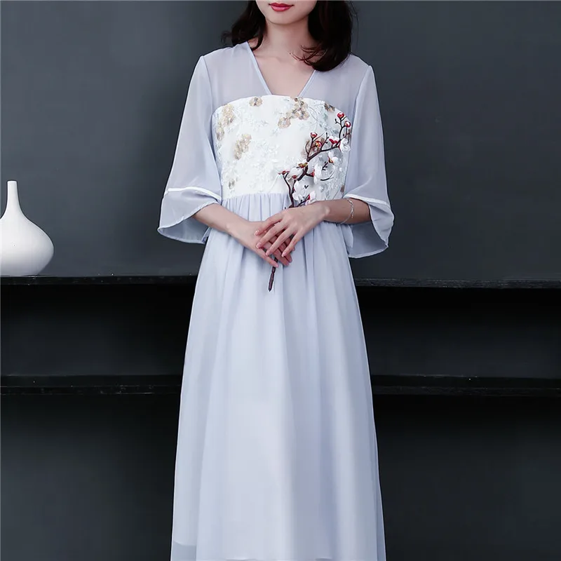 

New Summer Women dress Slim Han Chest Improved Ru Long Embroidered Chinese National Wind Dresses Pink Light Blue 3307