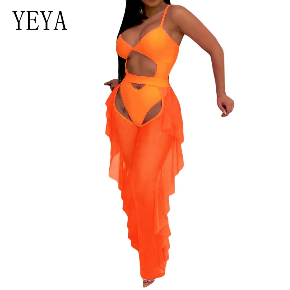 

YEYA 2 Pieces Sets See Through Mesh Jumpsuits Sexy Hollow Out Ruffles Bodysuits Women Sleeveless Off Shoulder Elegant Overalls