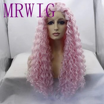 

MRWIG Long Kinky Curly Pink/Blonde/Yellow Synthetic Front Lace Wig Glueless Middle Part 150%Density for African Woman