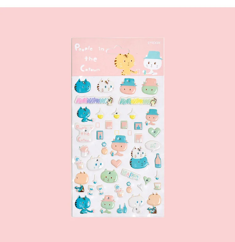 

2pcs/set Catown cartoon sticker crystal plastic decoration sticker children stationery sticker Dairy DIY paste kids sticker