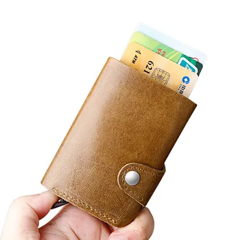 

Credit Card Holder Business Card Boxes Genuine Leather Aluminium RFID Blocking Case Man Wallet Automatic Pop Up ID Card Gift