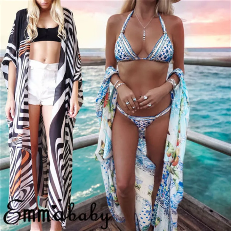 

New Women Chiffon Striped Bikini Cover-up Cardigan Beach Sarong Wrap Pareo Swimwear Cover Up Cardigan Printed Bathing Suit Dress