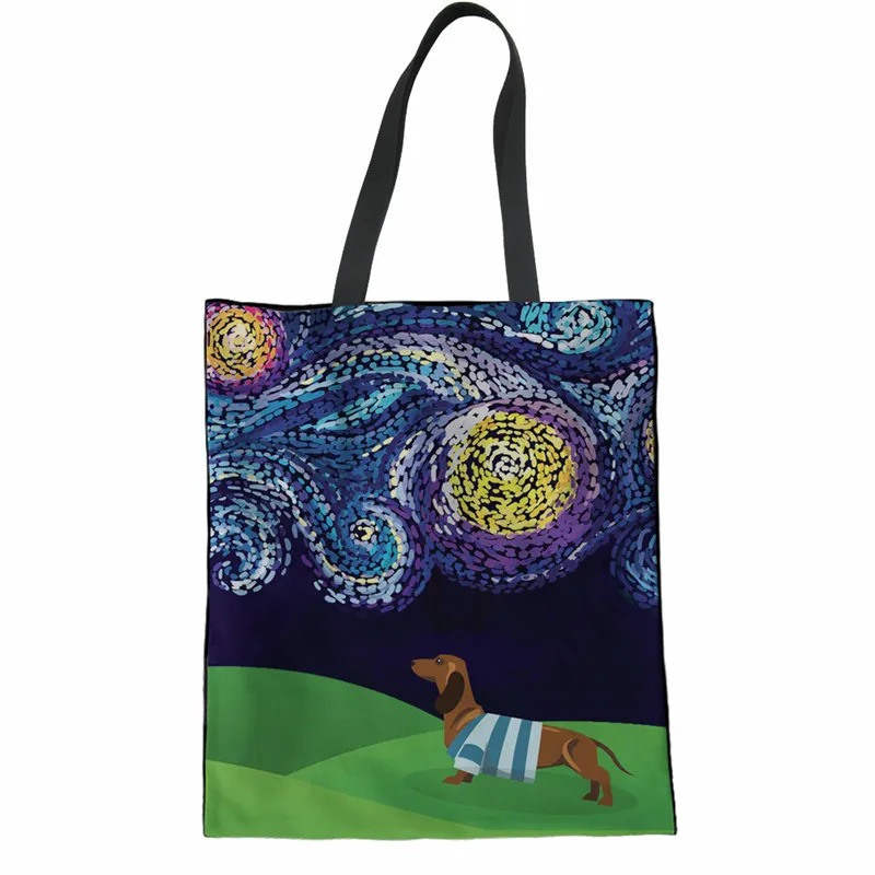 

ThiKin Starry Night Dachshund Print Women Linen Tote Bags Casual Daily Canvas Shopping Bags Fashion Lady Cloth Pouch Girls
