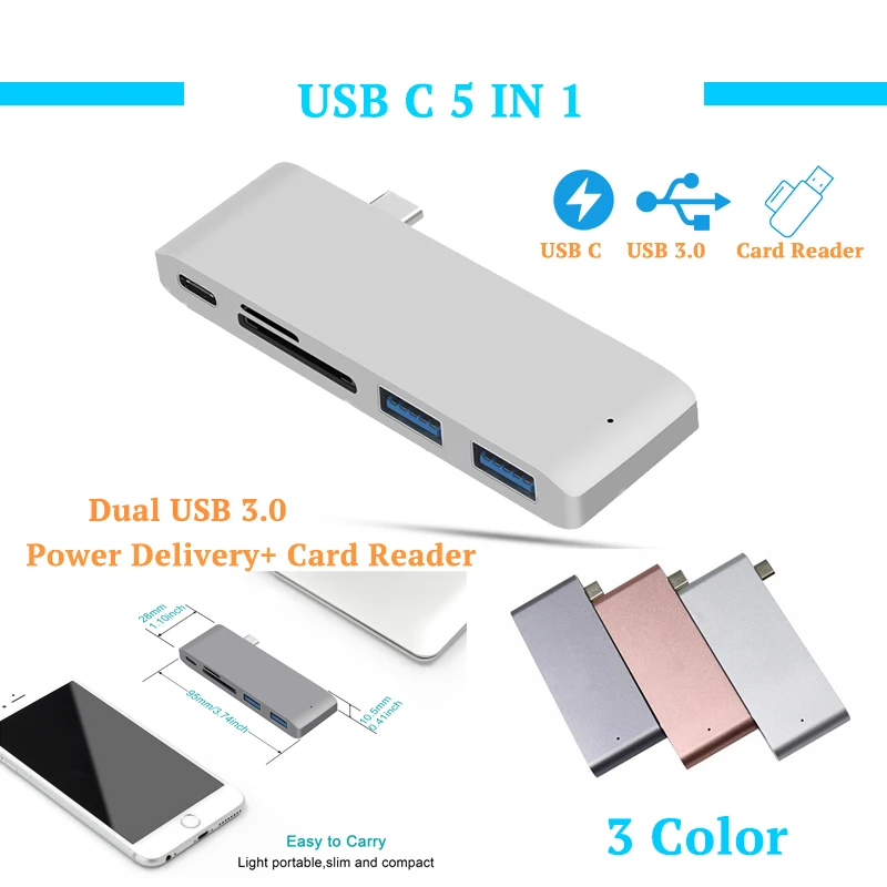 5 IN 1 USB Type C Multi USB C HUB For MacBook Air hab USB C To USB 3.0 PD Charge TF SD Card Slot USB Splitter Dock For Laptop