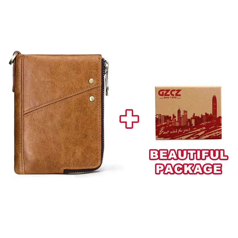 GZCZ, Модный женский кошелек, натуральная кожа, на молнии, дизайн, женский, короткий, Rfid кошелек с ID, держатель для карт, монета, карманы, мини кошелек - Цвет: Brown-BOX