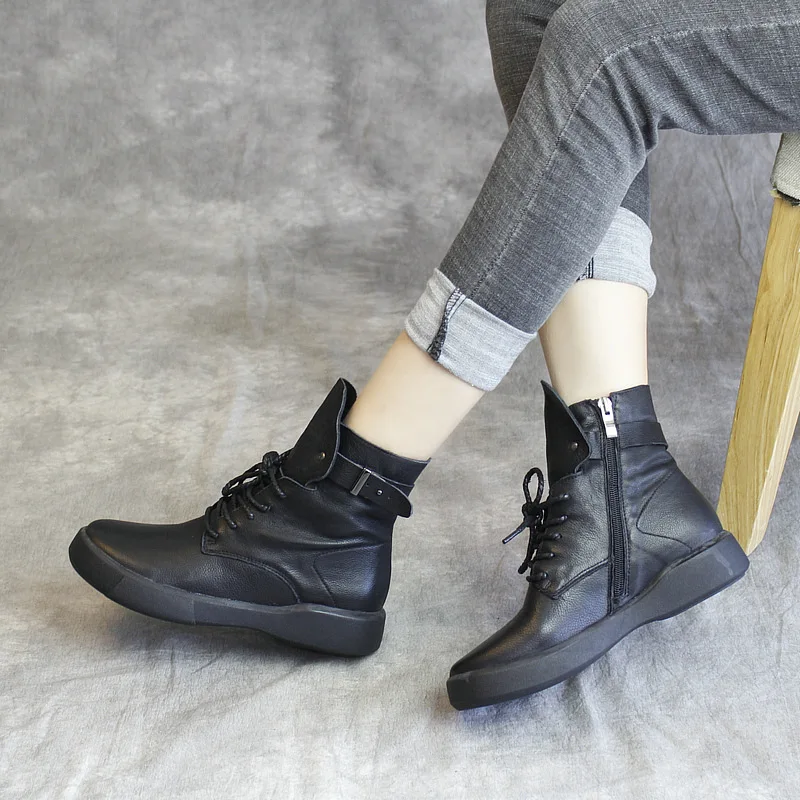 

Women Genuine Leather Boots Low Heels Winter Warm Shoes 2018 Handmade Black Casual Leather Martin Boots Women Brand Ankle Boots
