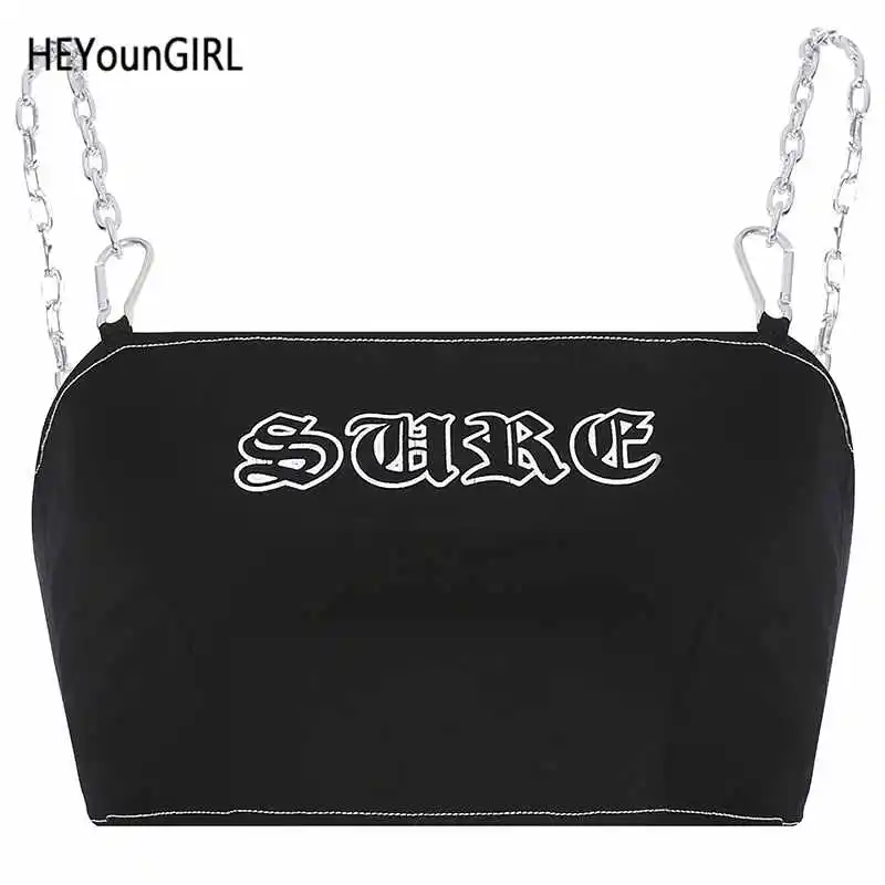 Черный HEYounGIRL Харадзюку Лоскутная цепь кроп Топ для женщин повседневные печатные черные топы на бретельках футболки с открытой спиной короткий топ Топ - Цвет: Черный