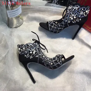 

2018 New Luxury Crystal Summer Ankle Boots Gladiator Sandals Women Boots High Heels Women Wedding Shoes Woman Bootie Botas Mujer