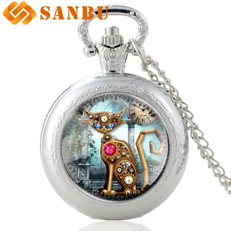 Винтаж стимпанк кошка кварцевые карманные часы ретро бронза Мужчины Женщины ожерелье в стиле панк с подвеской часы - Цвет: Silver