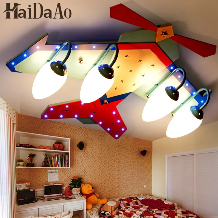 4 головки LED мультфильм самолет детская лампа стеклянные деревянные потолочные