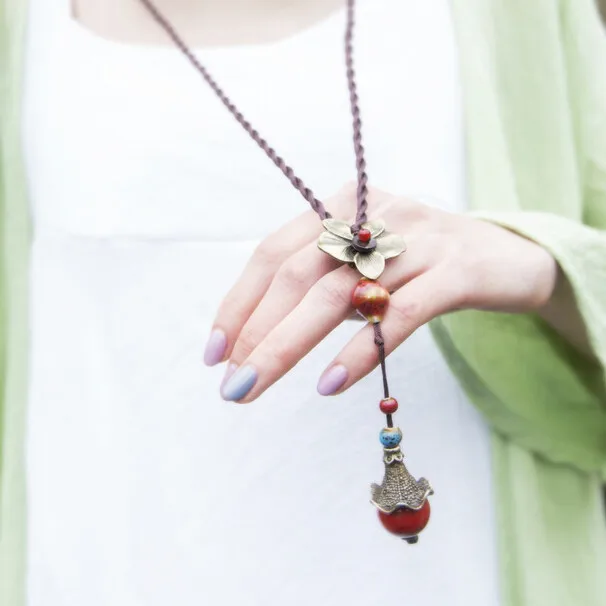 Керамические бусины кулон ожерелье длинная цепь свитер медный цветок Новое