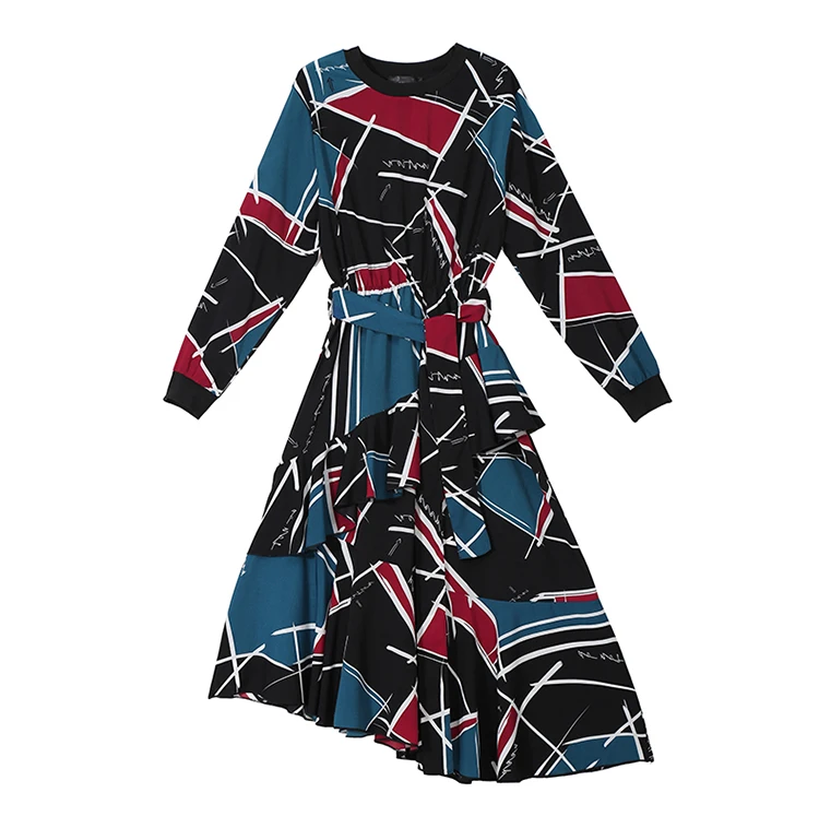 Корейский стиль, женское длинное синее платье, женские стильные платья с геометрическим принтом и длиной до щиколотки для вечеринок, платья 3906