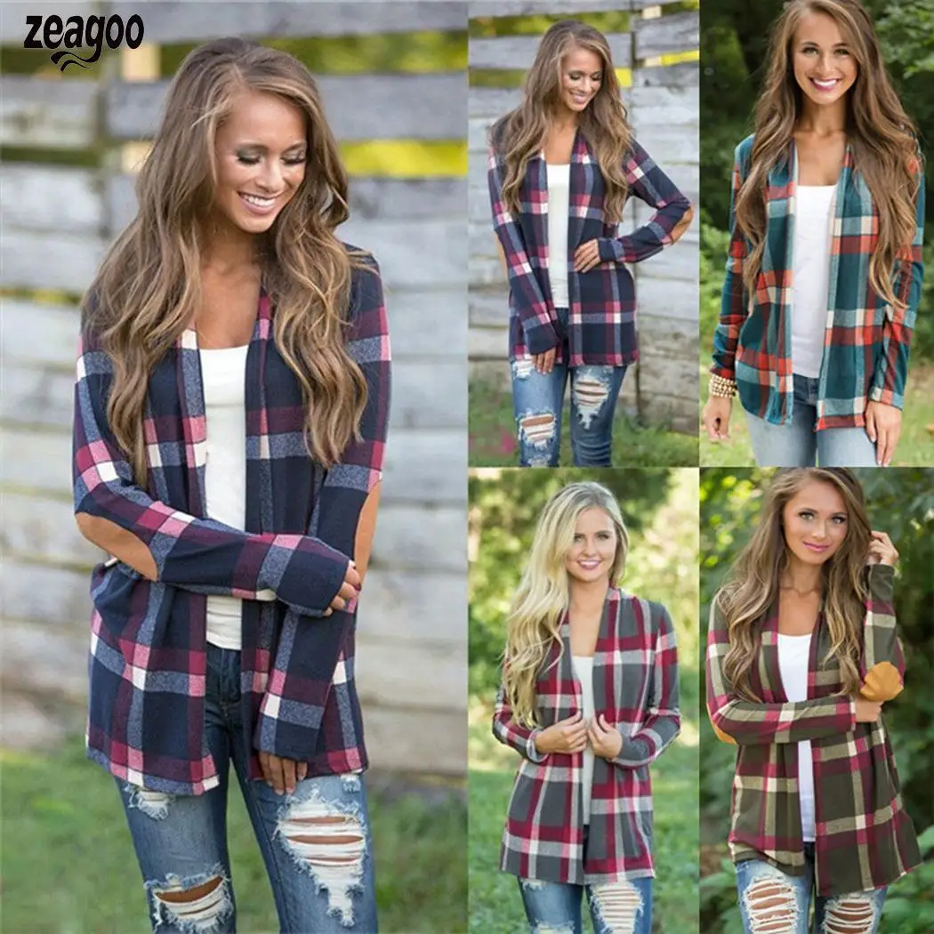 

Women Fashion Cardigan Plaid Printed Long Sleeve Coat Patchwork Shawl Collar Casual Hips Length