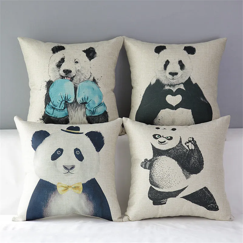 18" Square Cute Kung Fu Panda Cotton Linen Cushion Sofa