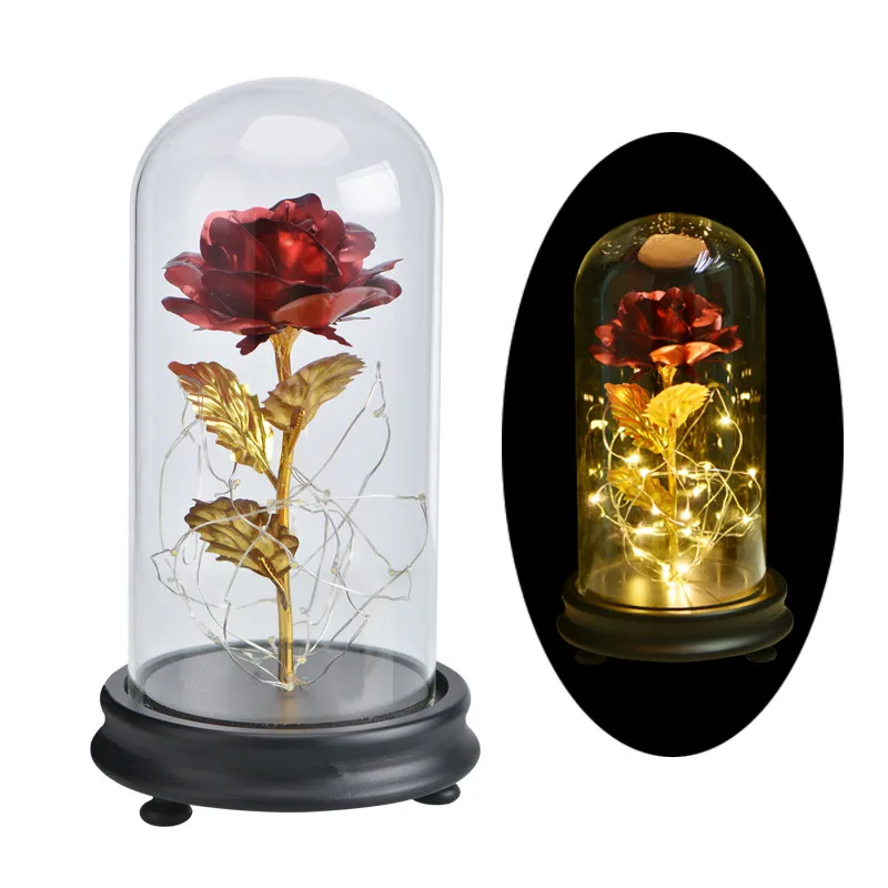 Hot Sale Beauty and The Beast Gold Foil Rose Flower LED Light Artificial Flowers In Glass Dome Party Decorations Gift For Girls