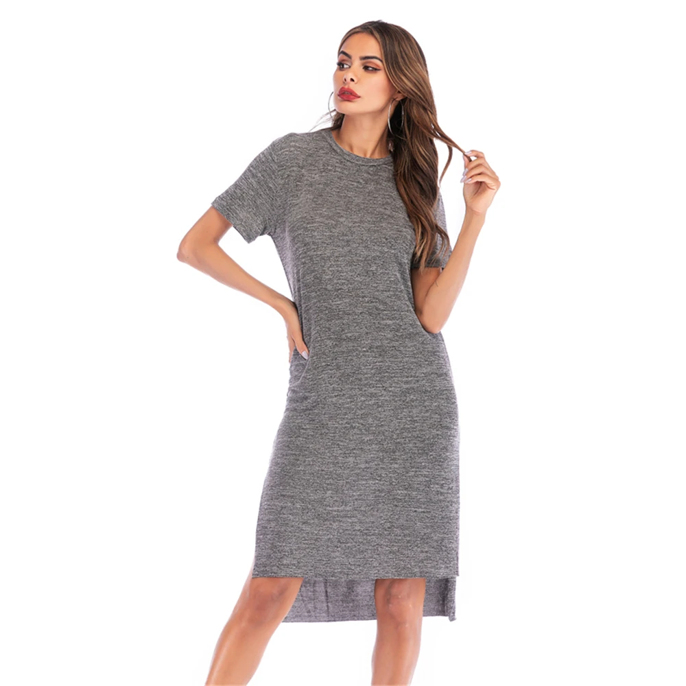 

Louyebouho Women Summer Fashion Slim Dress Casual O Neck Short Sleeve Solid Split Short Dresses Ladies Streetwear Vestidos Dress