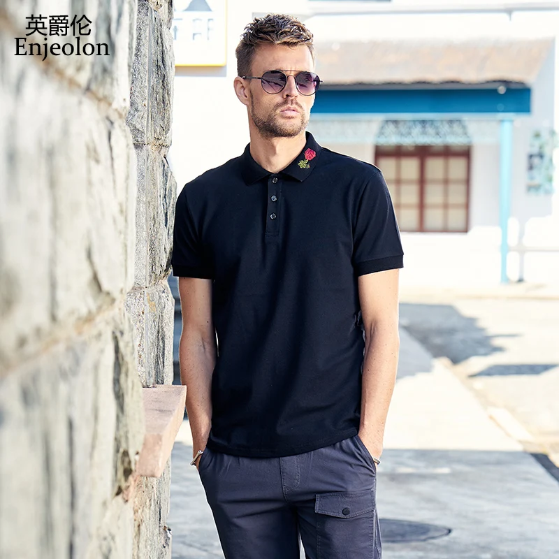 

Enjeolon Brand Classic Short Sleeve Cotton Polo Stand Collar Flower Printing Clothing 2 Color Solid Casual Men Polo Shirt T8951