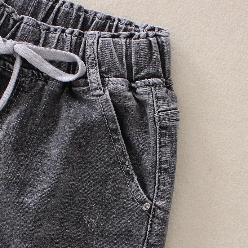 2019 летние женские джинсовые шорты черного и серого цвета шорты с эластичной резинкой на талии 100% хлопковые свободные прямые шорты из