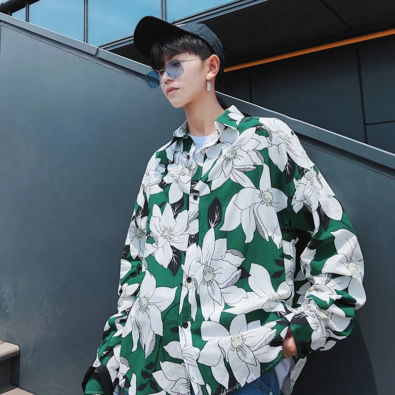 

Fashion Casual Men's Long Sleeve Shirt Spring And Autumn New M-5XL Print Loose Shirt Jacket Green Personality Youth Popular