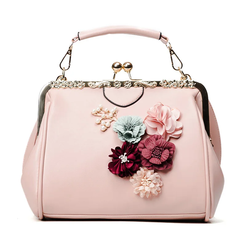 

New Woman Bags Flower Metal Frame Handbag Beaded Messenger Bag PU Crossbody Bag Brands Design Female Tote Shoulder Bags