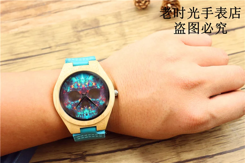 Роскошные hotime брендовые бамбуковые часы для мужчин и женщин с синей натуральной воловьей кожи Ремешок череп деревянные часы relogio masculino