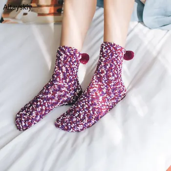 

Socks Women Pompom Harajuku Ladies Elegant Indoor Terry Floor Colorful Sock Winter Japanese Thicker Colorful Female Cute Sock