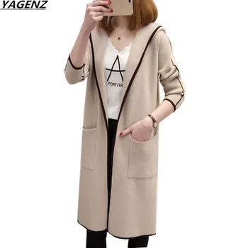 

2017 New Sweater Women Clothing Korean Style Hooded Knitted Cardigan Medium Long Coat Loose Spring Autumn Coats Female YAGENZ514