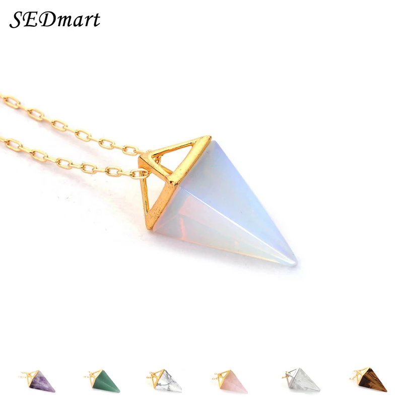 

SEDmart Healing Crystal Pyramid Necklace Marble White Pendulum Amulet Opal Gem Stone Necklace