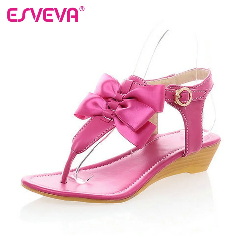 

ESVEVA Pink Buckle Summer Women wedges Low heel  Sandals New sweet bow tie Fashion Female Flip Flops Casual shoes size 34-39