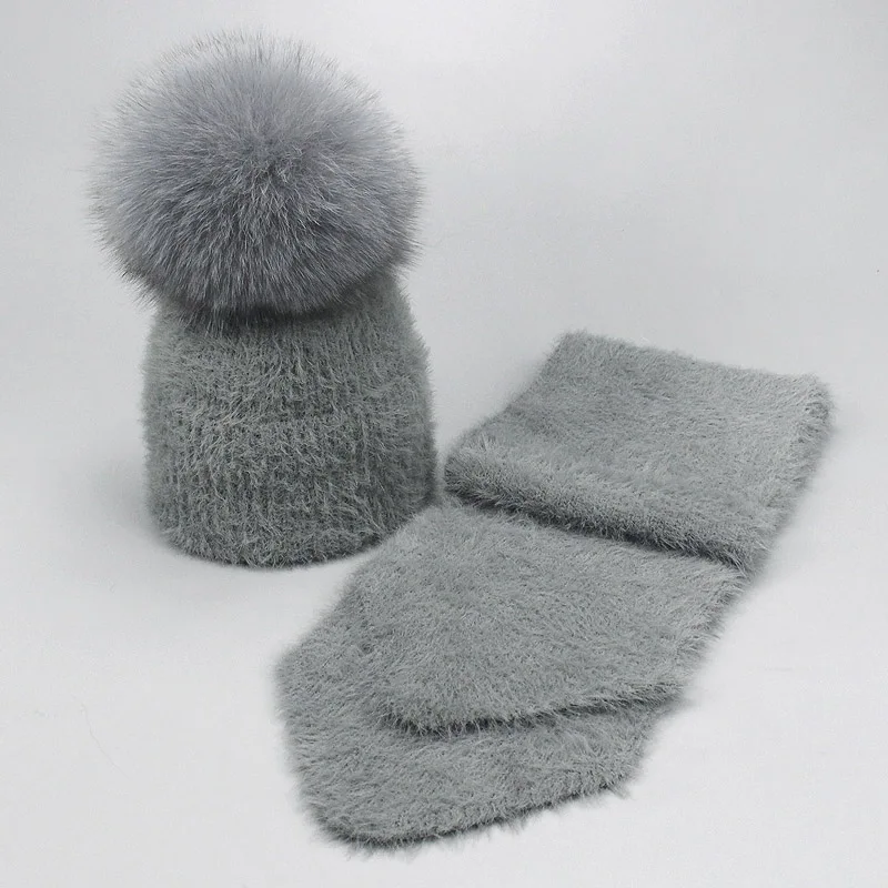 Комплект из 2 предметов, новинка, зимняя шапка с лисьим помпоном и кроличьим мехом и шарф для женщин и девочек, Хлопковая женская зимняя вязаная шапка, Повседневная одноцветная - Цвет: Dark gray